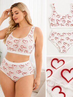 Plus Size Heart Embroidered Mesh Lingerie Set White Red Valentine's Bra Panty 1X